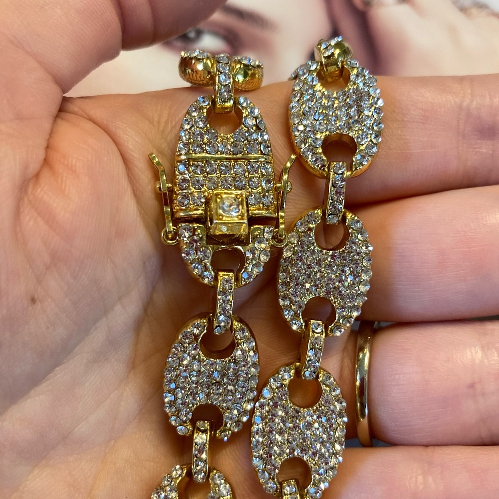 Gold Plated Crystal Hip Hop Necklace Statement - Picture 5 of 7